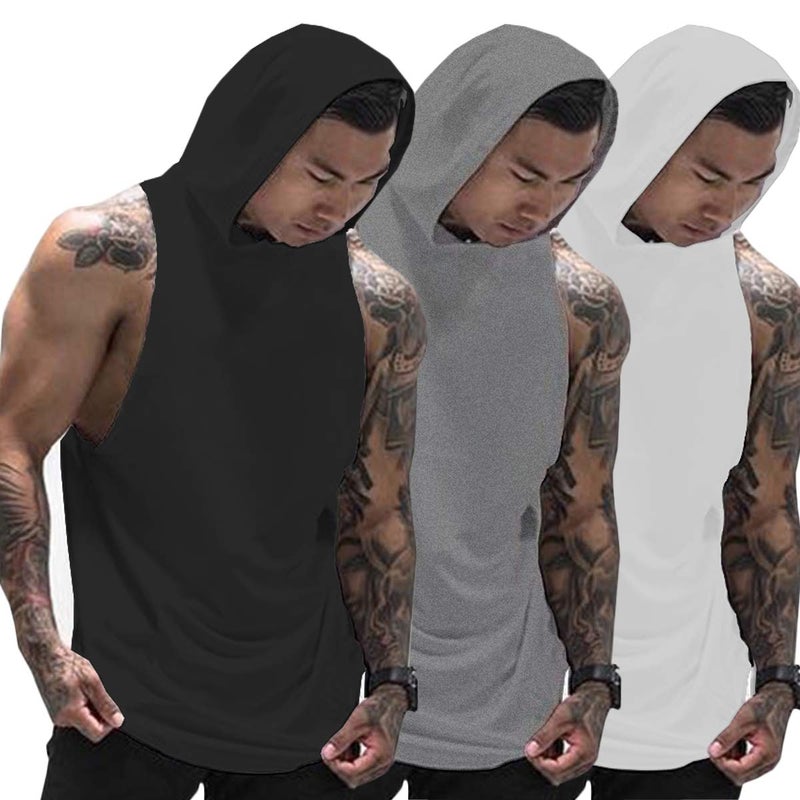 Muscle Killer 3 Pack Men's Workout Hooded Tank Tops Bodybuilding Muscle Cut Off T Shirt Sleeveless Gym Hoodies (Black+Gray+White, Large) - Image 1